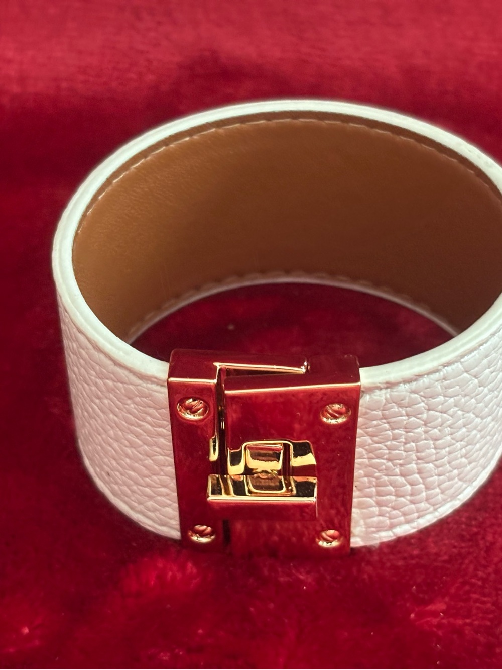 White Leather Cuff Bracelet with Gold Turn-Lock